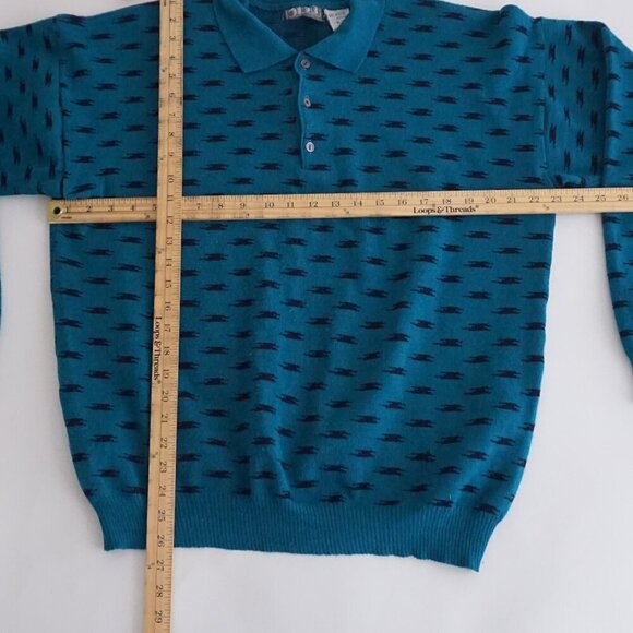 VTG '80S 3130 Teal Black Eclectic Grandpa Boxy Fit Fine Knit Collared Sweater XL - Picture 3 of 9